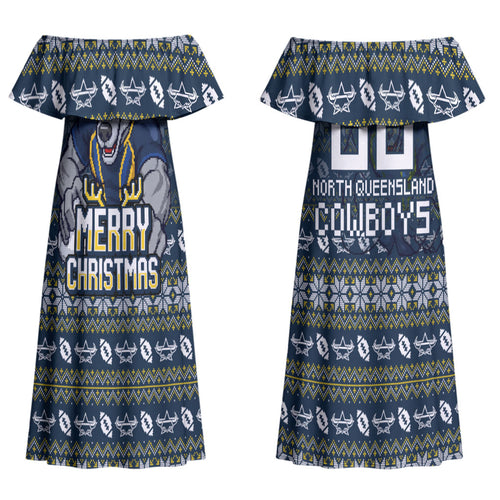 Personalized Cowboys Christmas Couples Matching Off Shoulder Maxi Dress and Long Sleeve Button Shirt Australian Rugby Fans - Pixelated Ugly Xmas Pattern Mascot Santa