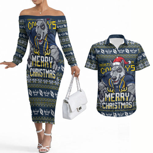 Personalized Cowboys Christmas Couples Matching Off The Shoulder Long Sleeve Dress and Hawaiian Shirt Australian Rugby Fans - Pixelated Ugly Xmas Pattern Mascot Santa