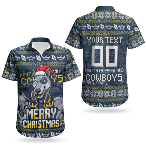 Personalized Cowboys Christmas Couples Matching Off The Shoulder Long Sleeve Dress and Hawaiian Shirt Australian Rugby Fans - Pixelated Ugly Xmas Pattern Mascot Santa