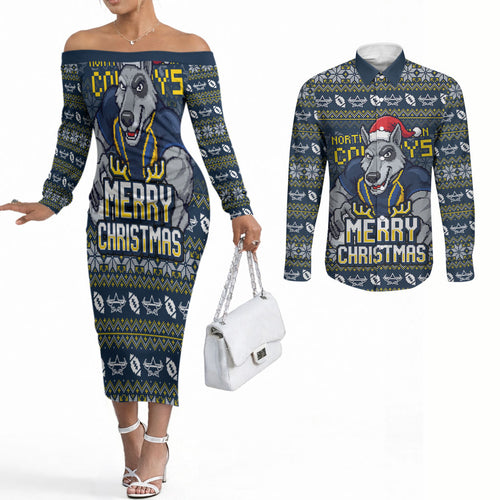 Personalized Cowboys Christmas Couples Matching Off The Shoulder Long Sleeve Dress and Long Sleeve Button Shirt Australian Rugby Fans - Pixelated Ugly Xmas Pattern Mascot Santa