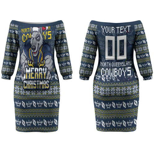 Personalized Cowboys Christmas Couples Matching Off The Shoulder Long Sleeve Dress and Long Sleeve Button Shirt Australian Rugby Fans - Pixelated Ugly Xmas Pattern Mascot Santa