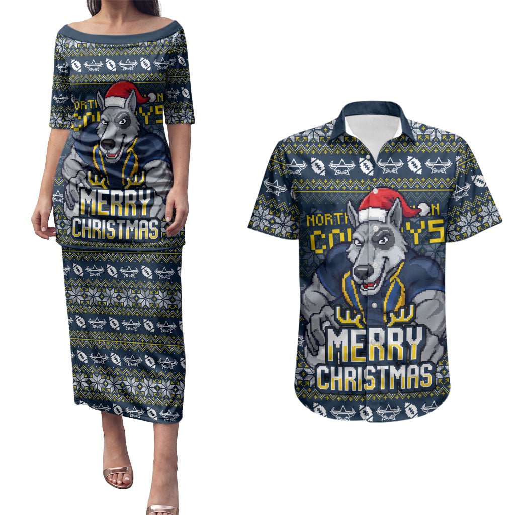 Personalized Cowboys Christmas Couples Matching Puletasi and Hawaiian Shirt Australian Rugby Fans - Pixelated Ugly Xmas Pattern Mascot Santa