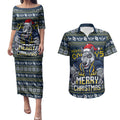 Personalized Cowboys Christmas Couples Matching Puletasi and Hawaiian Shirt Australian Rugby Fans - Pixelated Ugly Xmas Pattern Mascot Santa
