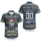 Personalized Cowboys Christmas Couples Matching Puletasi and Hawaiian Shirt Australian Rugby Fans - Pixelated Ugly Xmas Pattern Mascot Santa