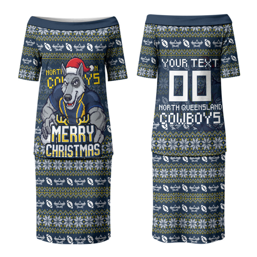 Personalized Cowboys Christmas Couples Matching Puletasi and Hawaiian Shirt Australian Rugby Fans - Pixelated Ugly Xmas Pattern Mascot Santa