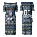 Personalized Cowboys Christmas Couples Matching Puletasi and Hawaiian Shirt Australian Rugby Fans - Pixelated Ugly Xmas Pattern Mascot Santa