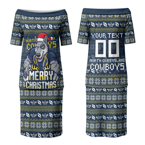 Personalized Cowboys Christmas Couples Matching Puletasi and Hawaiian Shirt Australian Rugby Fans - Pixelated Ugly Xmas Pattern Mascot Santa