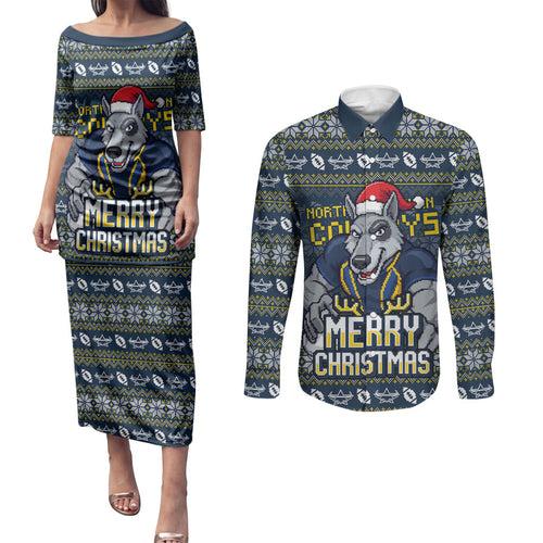 Personalized Cowboys Christmas Couples Matching Puletasi and Long Sleeve Button Shirt Australian Rugby Fans - Pixelated Ugly Xmas Pattern Mascot Santa