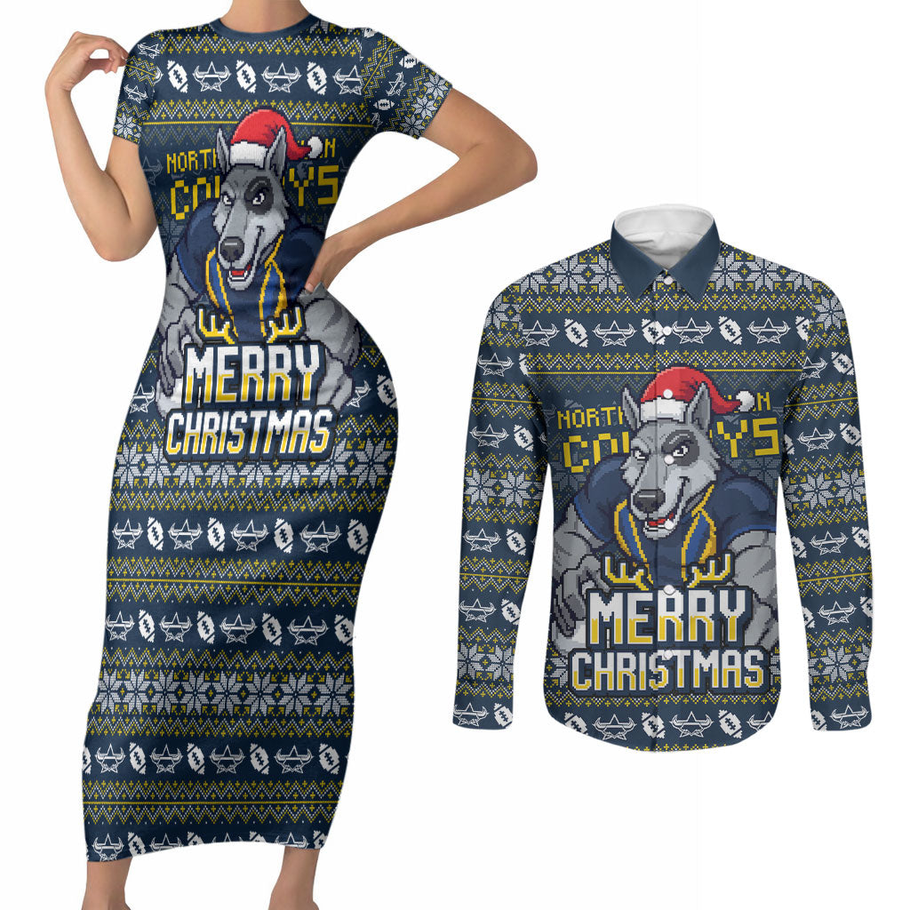 Personalized Cowboys Christmas Couples Matching Short Sleeve Bodycon Dress and Long Sleeve Button Shirt Australian Rugby Fans - Pixelated Ugly Xmas Pattern Mascot Santa