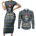 Personalized Cowboys Christmas Couples Matching Short Sleeve Bodycon Dress and Long Sleeve Button Shirt Australian Rugby Fans - Pixelated Ugly Xmas Pattern Mascot Santa