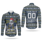 Personalized Cowboys Christmas Couples Matching Short Sleeve Bodycon Dress and Long Sleeve Button Shirt Australian Rugby Fans - Pixelated Ugly Xmas Pattern Mascot Santa