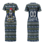Personalized Cowboys Christmas Couples Matching Short Sleeve Bodycon Dress and Long Sleeve Button Shirt Australian Rugby Fans - Pixelated Ugly Xmas Pattern Mascot Santa