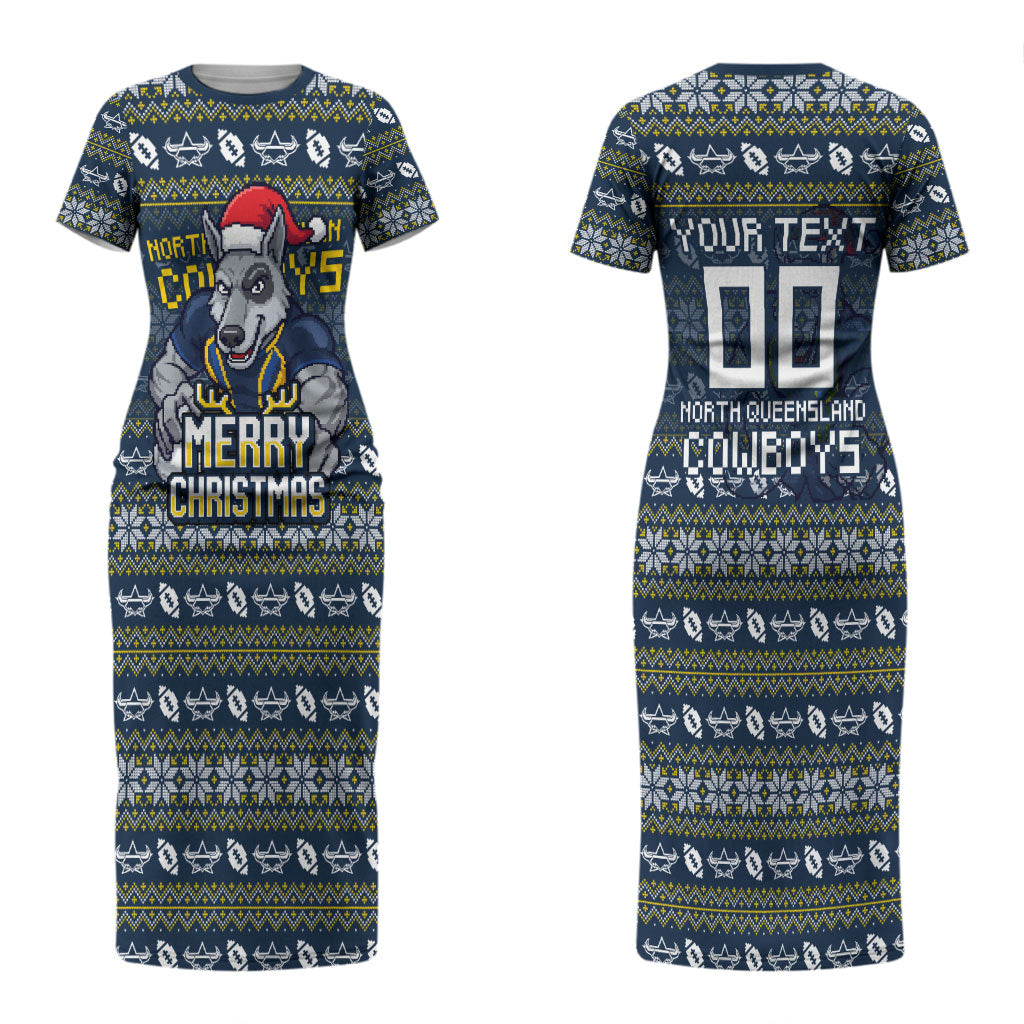 Personalized Cowboys Christmas Couples Matching Short Sleeve Bodycon Dress and Long Sleeve Button Shirt Australian Rugby Fans - Pixelated Ugly Xmas Pattern Mascot Santa
