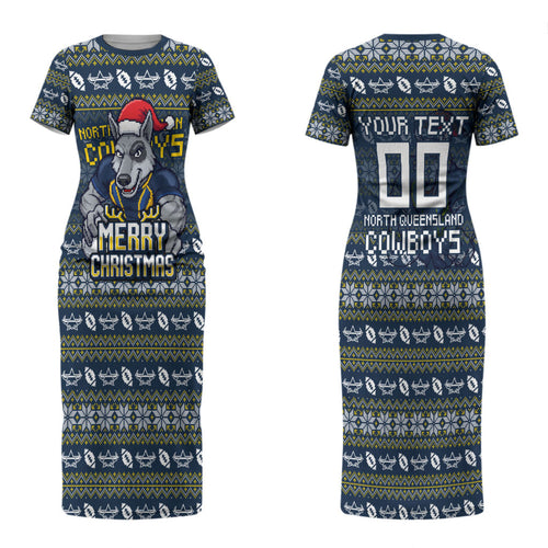 Personalized Cowboys Christmas Couples Matching Short Sleeve Bodycon Dress and Long Sleeve Button Shirt Australian Rugby Fans - Pixelated Ugly Xmas Pattern Mascot Santa