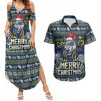 Personalized Cowboys Christmas Couples Matching Summer Maxi Dress and Hawaiian Shirt Australian Rugby Fans - Pixelated Ugly Xmas Pattern Mascot Santa