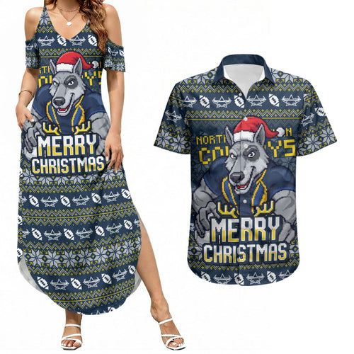 Personalized Cowboys Christmas Couples Matching Summer Maxi Dress and Hawaiian Shirt Australian Rugby Fans - Pixelated Ugly Xmas Pattern Mascot Santa