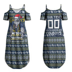 Personalized Cowboys Christmas Couples Matching Summer Maxi Dress and Hawaiian Shirt Australian Rugby Fans - Pixelated Ugly Xmas Pattern Mascot Santa