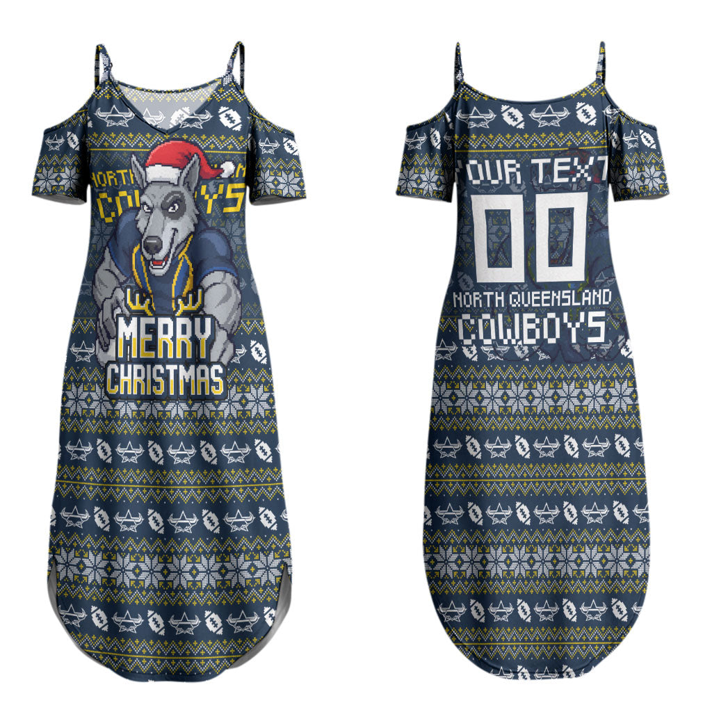 Personalized Cowboys Christmas Couples Matching Summer Maxi Dress and Hawaiian Shirt Australian Rugby Fans - Pixelated Ugly Xmas Pattern Mascot Santa