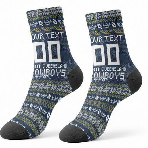 Personalized Cowboys Christmas Crew Socks Australian Rugby Fans - Pixelated Ugly Xmas Pattern Mascot Santa