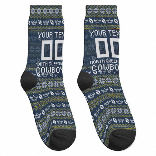 Personalized Cowboys Christmas Crew Socks Australian Rugby Fans - Pixelated Ugly Xmas Pattern Mascot Santa
