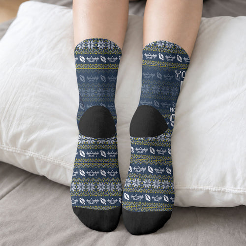 Personalized Cowboys Christmas Crew Socks Australian Rugby Fans - Pixelated Ugly Xmas Pattern Mascot Santa