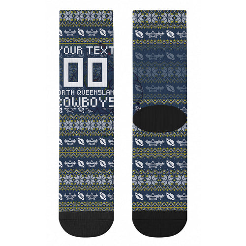 Personalized Cowboys Christmas Crew Socks Australian Rugby Fans - Pixelated Ugly Xmas Pattern Mascot Santa