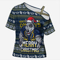 Personalized Cowboys Christmas Cross Shoulder Shirt Australian Rugby Fans - Pixelated Ugly Xmas Pattern Mascot Santa