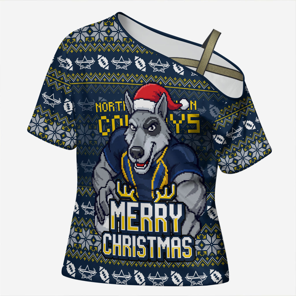 Personalized Cowboys Christmas Cross Shoulder Shirt Australian Rugby Fans - Pixelated Ugly Xmas Pattern Mascot Santa