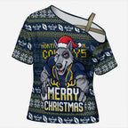 Personalized Cowboys Christmas Cross Shoulder Shirt Australian Rugby Fans - Pixelated Ugly Xmas Pattern Mascot Santa
