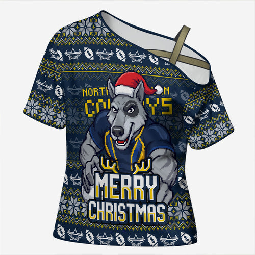 Personalized Cowboys Christmas Cross Shoulder Shirt Australian Rugby Fans - Pixelated Ugly Xmas Pattern Mascot Santa