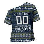 Personalized Cowboys Christmas Cross Shoulder Shirt Australian Rugby Fans - Pixelated Ugly Xmas Pattern Mascot Santa