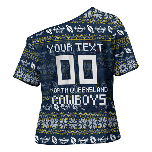 Personalized Cowboys Christmas Cross Shoulder Shirt Australian Rugby Fans - Pixelated Ugly Xmas Pattern Mascot Santa
