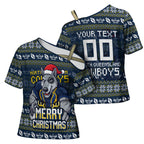 Personalized Cowboys Christmas Cross Shoulder Shirt Australian Rugby Fans - Pixelated Ugly Xmas Pattern Mascot Santa