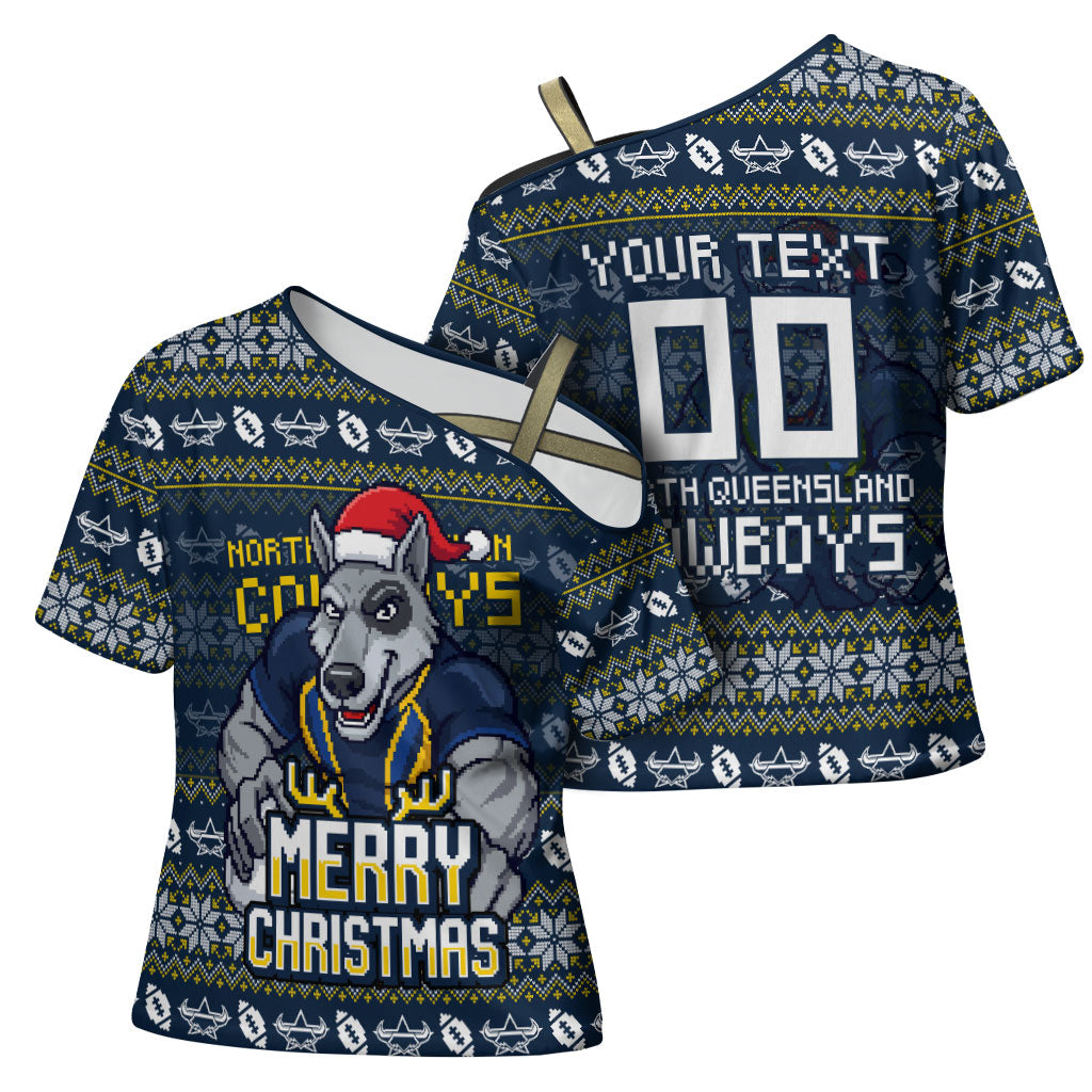 Personalized Cowboys Christmas Cross Shoulder Shirt Australian Rugby Fans - Pixelated Ugly Xmas Pattern Mascot Santa