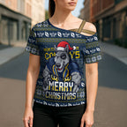 Personalized Cowboys Christmas Cross Shoulder Shirt Australian Rugby Fans - Pixelated Ugly Xmas Pattern Mascot Santa