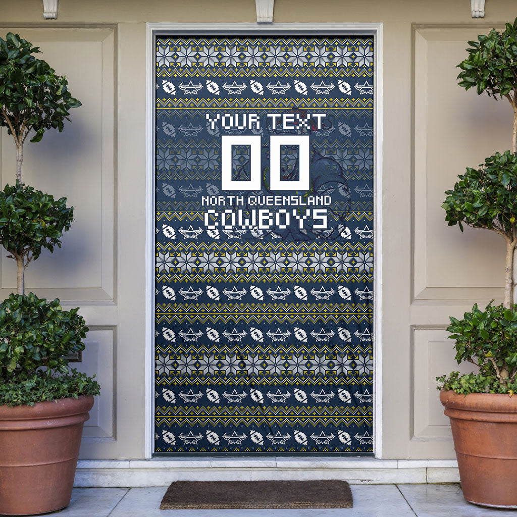 Personalized Cowboys Christmas Door Cover Australian Rugby Fans - Pixelated Ugly Xmas Pattern Mascot Santa