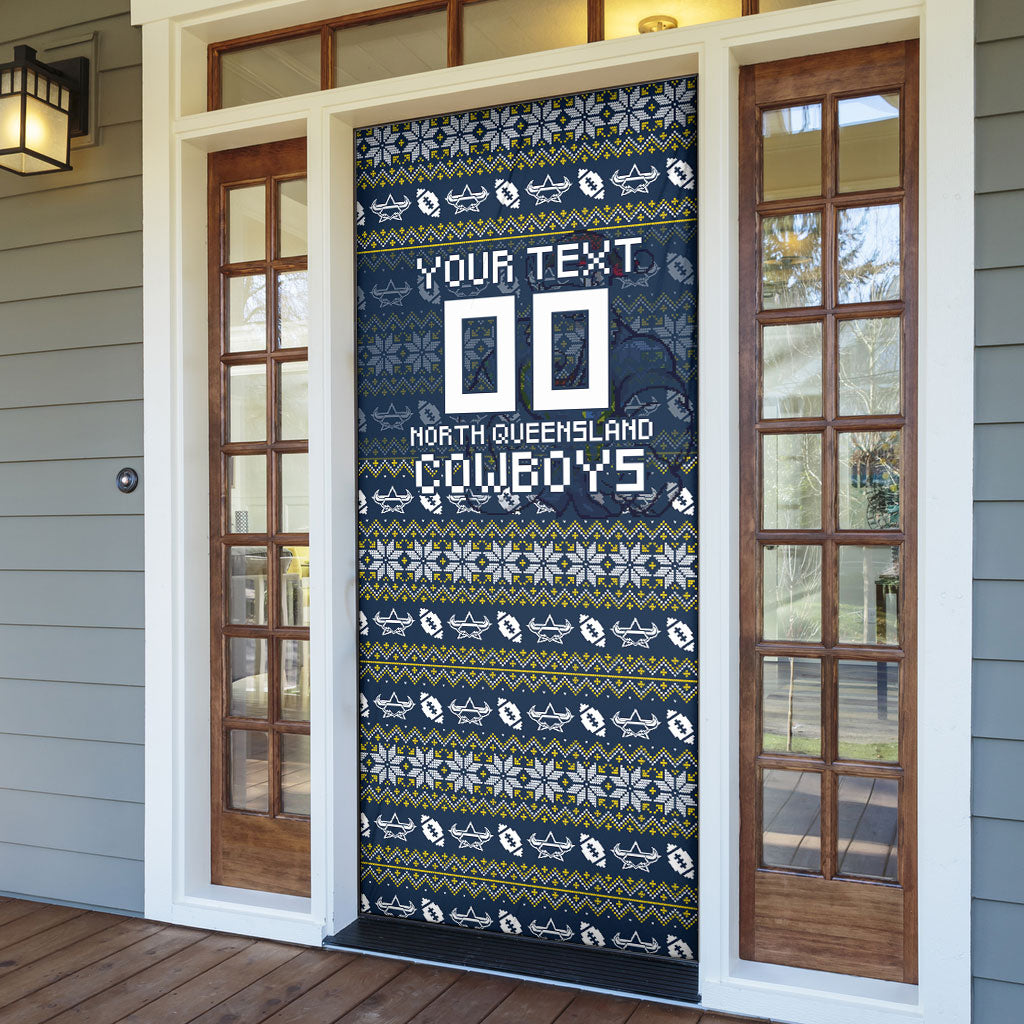 Personalized Cowboys Christmas Door Cover Australian Rugby Fans - Pixelated Ugly Xmas Pattern Mascot Santa