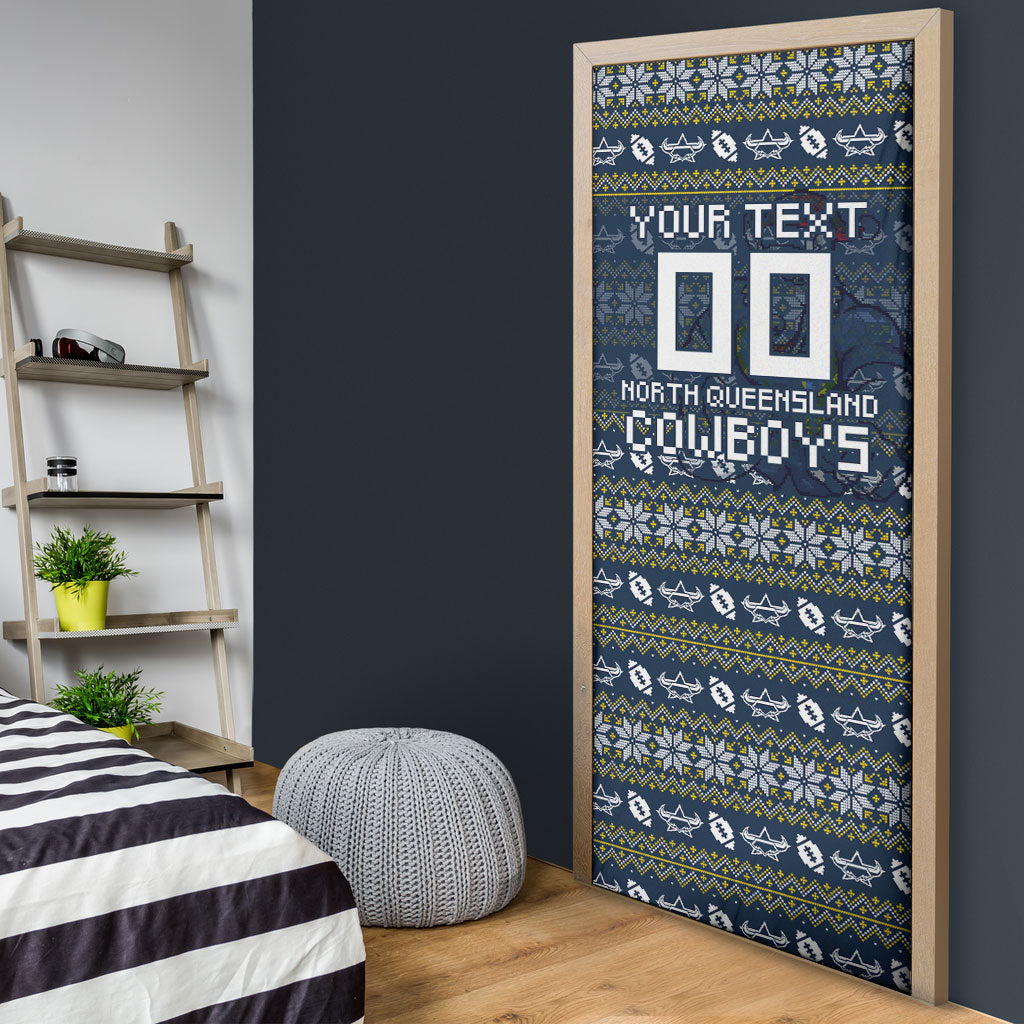 Personalized Cowboys Christmas Door Cover Australian Rugby Fans - Pixelated Ugly Xmas Pattern Mascot Santa