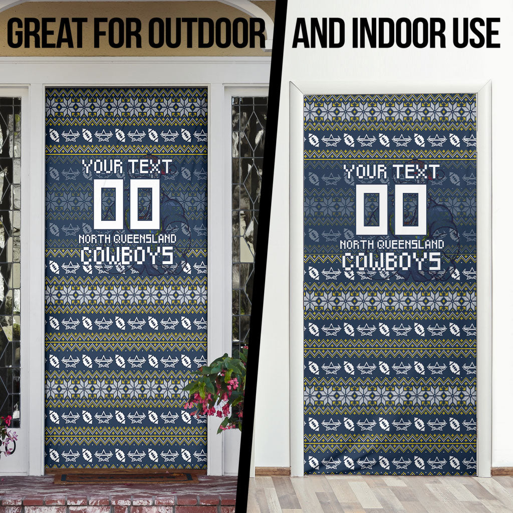 Personalized Cowboys Christmas Door Cover Australian Rugby Fans - Pixelated Ugly Xmas Pattern Mascot Santa