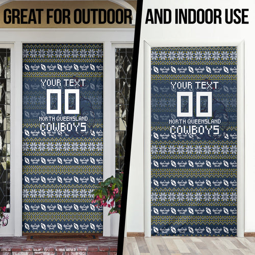 Personalized Cowboys Christmas Door Cover Australian Rugby Fans - Pixelated Ugly Xmas Pattern Mascot Santa
