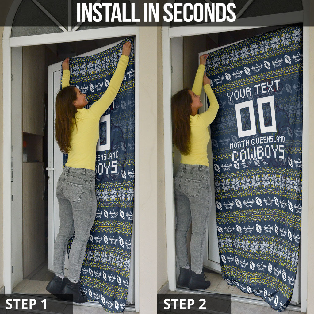 Personalized Cowboys Christmas Door Cover Australian Rugby Fans - Pixelated Ugly Xmas Pattern Mascot Santa