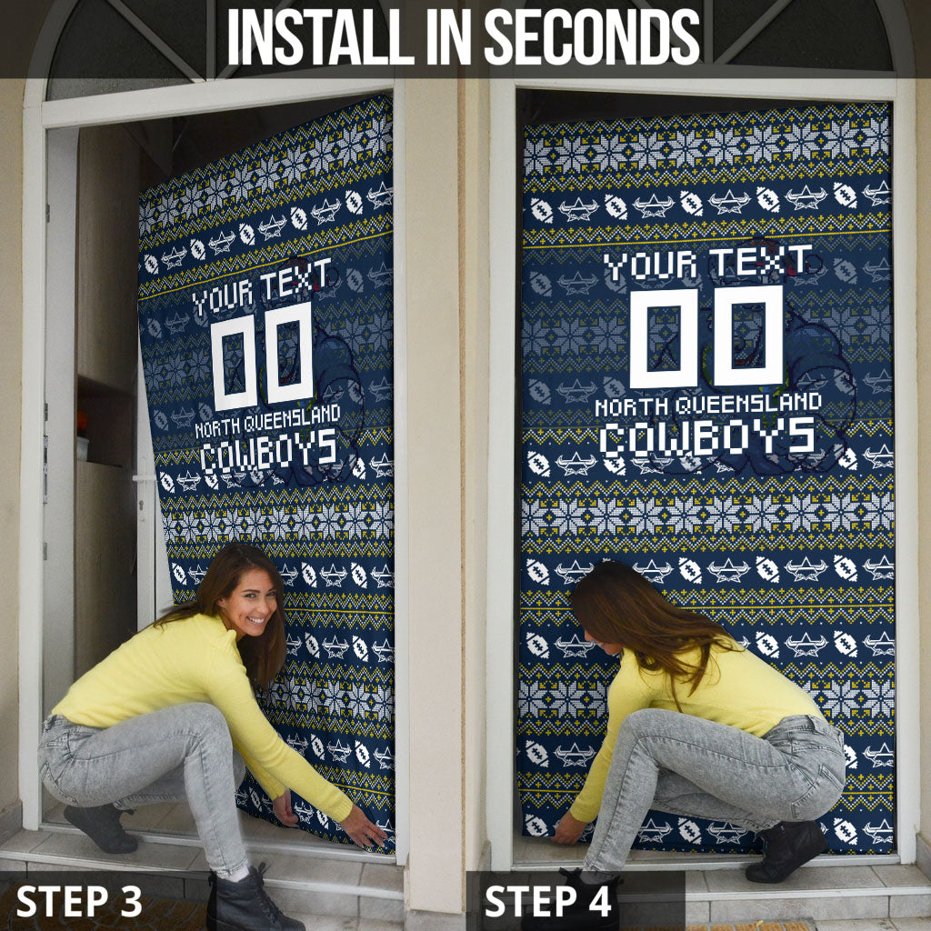 Personalized Cowboys Christmas Door Cover Australian Rugby Fans - Pixelated Ugly Xmas Pattern Mascot Santa