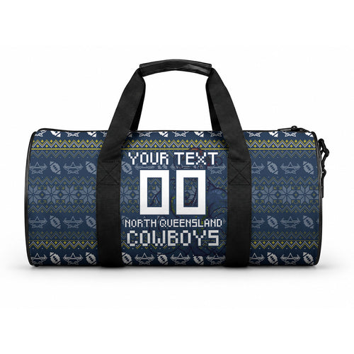 Personalized Cowboys Christmas Duffle Bag Australian Rugby Fans - Pixelated Ugly Xmas Pattern Mascot Santa