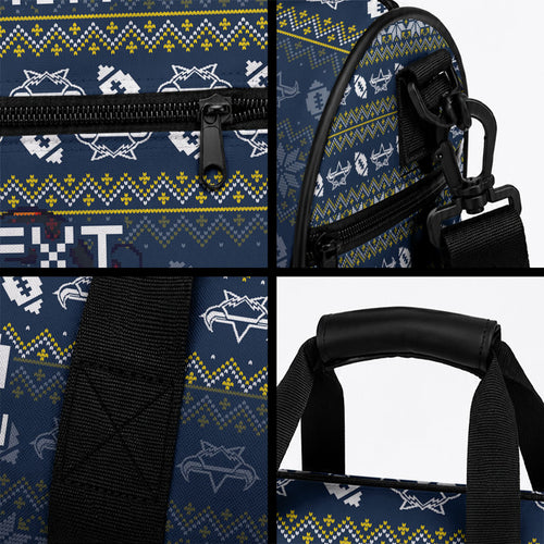 Personalized Cowboys Christmas Duffle Bag Australian Rugby Fans - Pixelated Ugly Xmas Pattern Mascot Santa