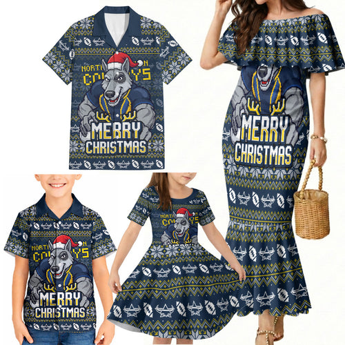 Personalized Cowboys Christmas Family Matching Mermaid Dress and Hawaiian Shirt Australian Rugby Fans - Pixelated Ugly Xmas Pattern Mascot Santa
