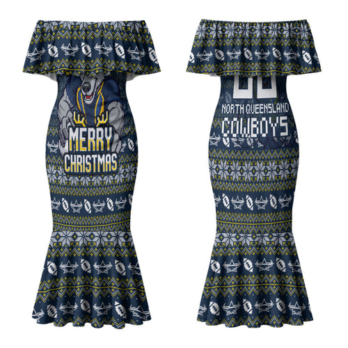 Personalized Cowboys Christmas Family Matching Mermaid Dress and Hawaiian Shirt Australian Rugby Fans - Pixelated Ugly Xmas Pattern Mascot Santa