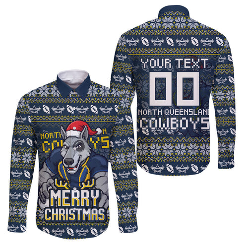 Personalized Cowboys Christmas Family Matching Mermaid Dress and Hawaiian Shirt Australian Rugby Fans - Pixelated Ugly Xmas Pattern Mascot Santa