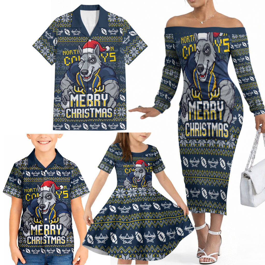 Personalized Cowboys Christmas Family Matching Off The Shoulder Long Sleeve Dress and Hawaiian Shirt Australian Rugby Fans - Pixelated Ugly Xmas Pattern Mascot Santa