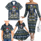 Personalized Cowboys Christmas Family Matching Off The Shoulder Long Sleeve Dress and Hawaiian Shirt Australian Rugby Fans - Pixelated Ugly Xmas Pattern Mascot Santa