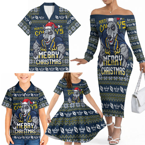 Personalized Cowboys Christmas Family Matching Off The Shoulder Long Sleeve Dress and Hawaiian Shirt Australian Rugby Fans - Pixelated Ugly Xmas Pattern Mascot Santa